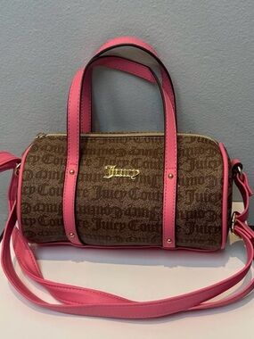 Juicy Couture Brown Monogram Barrel Crossbody with Pink Trim